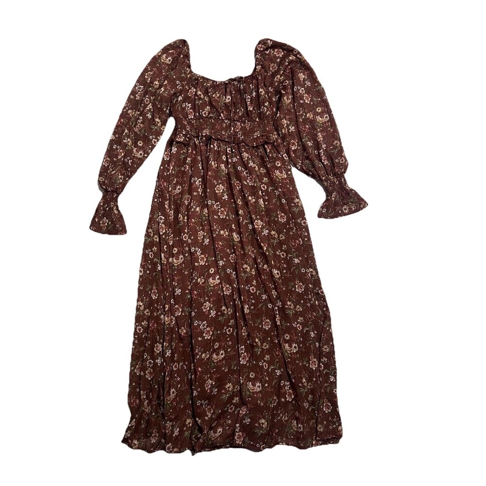 NEW By the River  Medium Dress Brown Floral Smocked Waist Midi Peasant Boho M